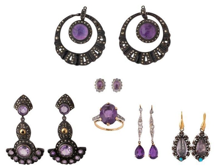 Five various pairs of amethyst earrings and a ring, earrings comprise: a pair of 19th century pear-shaped foiled amethyst drop earrings each with cannetille borders, and turquoise single stone accent, to serpent design suspension loops; a pair of...