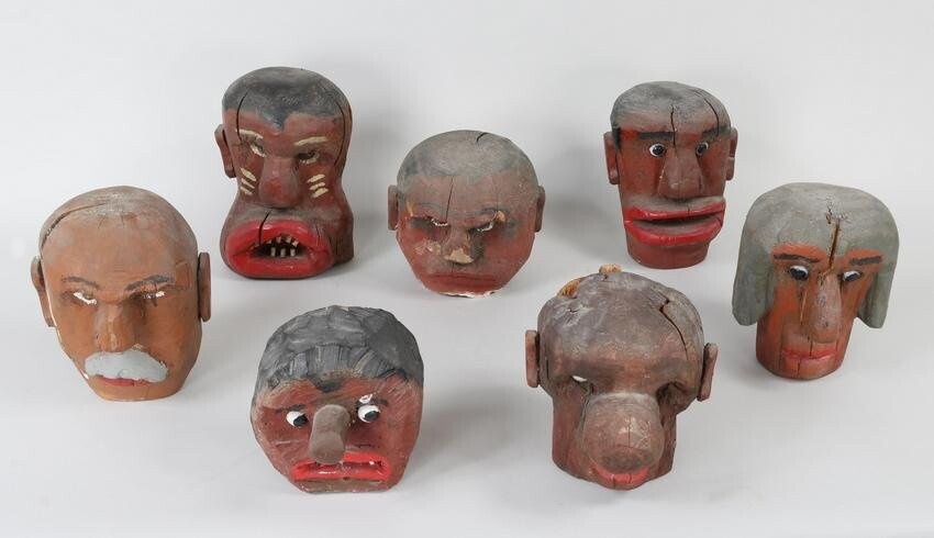 Folk Art carved and painted wood heads