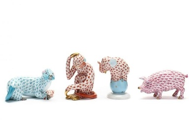 Four Herend Porcelain Small Fishnet Animals