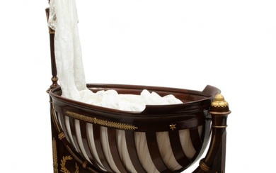 French Empire Style Mahogany And Ormolu Mounted Crib & Bedding, 19th C., H 75" W 28" L 56"