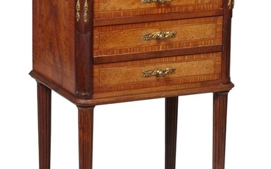 French Louis XVI Style Ormolu Mounted Marble Top Walnut Nightstand, 20th c., the inset shaped