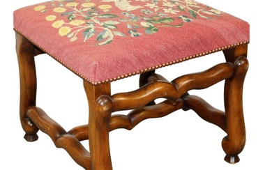 French Os du mouton foot stool with needlepoint upholstery