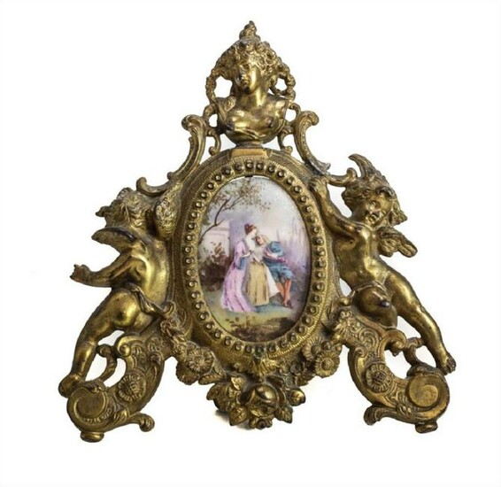 French Porcelain Plaque In Bronze Frame