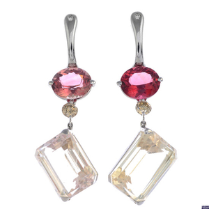 GAVELLO - a pair of 18ct gold spodumene, tourmaline, coloured diamond and diamond earrings.