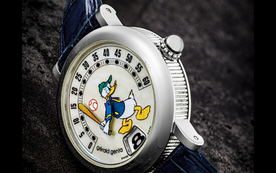 GERALD GENTA. A STAINLESS STEEL AUTOMATIC JUMP HOUR WRISTWATCH WITH RETROGRADE MINUTES AND MOTHER-OF-PEARL DIAL DONALD DUCK RETRO FANTASY MODEL