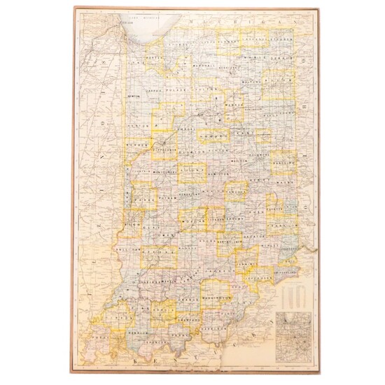 George F. Cram Company Wax Engraving Map of Indiana, Early 20th Century