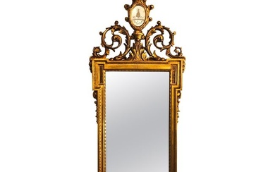 Gilt Carved Wall, Console or Table Mirror with High Open Fleur-de-Lis Pediment