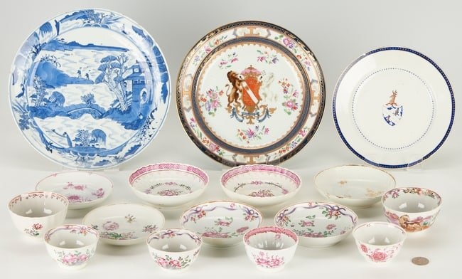 Group Chinese Export Armorial and Soft Paste Porcelain, 16 pcs