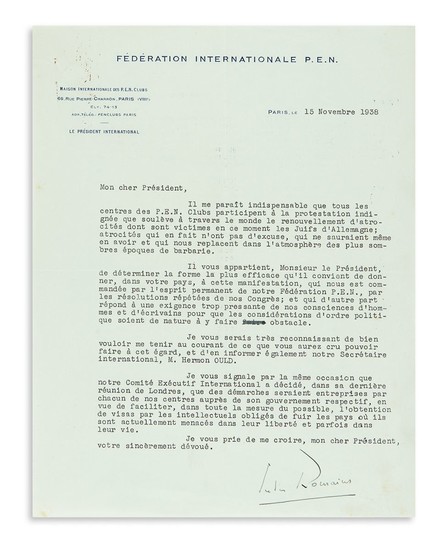 (HOLOCAUST). - Jules Romains (French novelist and President of International PEN, 1885-1972). Typed Letter Signed, on letterhead of International PEN, written in French, to the President of France [Albert Lebrun].
