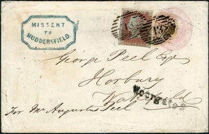 HUDDERSFIELD - VERY RARE MISSENT MARK - 1847 1d pink env. (m...