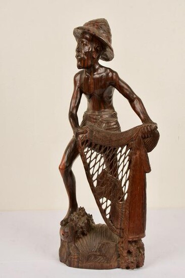 Hand-Carved Woodern Fisherman Statuette