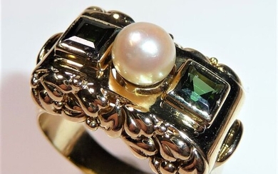 Handcrafted - 14 kt. Yellow gold - Ring - 1.00 ct Tourmalines - Akoya saltwater pearl