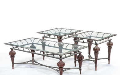 Hardwood, Patinated Metal, and Glass Top Coffee Table and Pair of Side Tables
