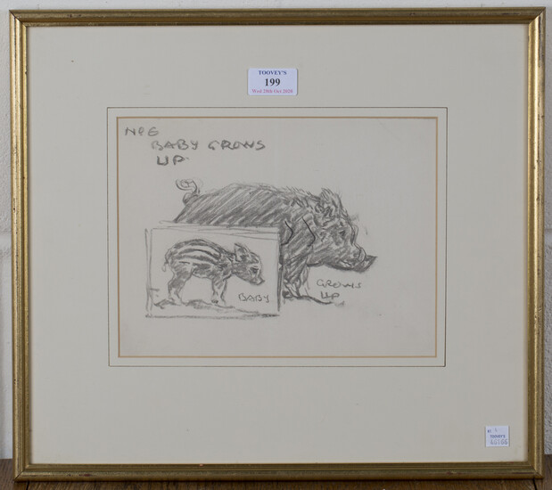 Harry Rountree - 'No 6, Baby Grows Up' (Study of a Pig and Piglet), pencil drawing, 18.5cm