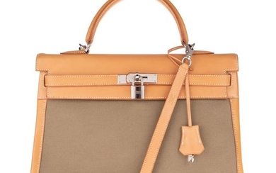 Hermès - Kelly 35 bi-matière toile et cuir bicolore kaki et gold camel Crossbody bag