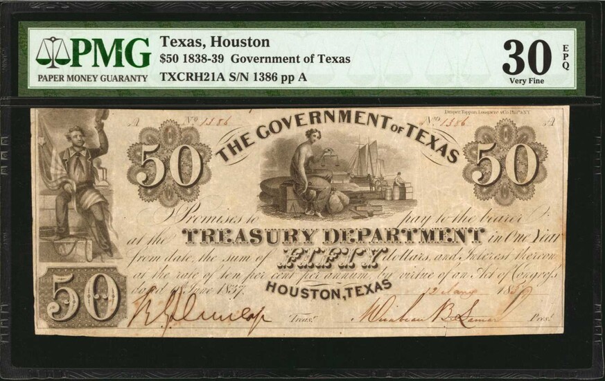 Houston, Texas. Government of Texas. 1838-39. $50. PMG Very Fine 30 EPQ.
