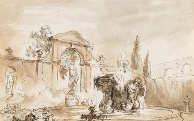 Hubert Robert 1733 – Paris – 1808 Artist drawing under the Juno Ludovisi in front of the Casino delle Statue in the park of Villa Ludovisi