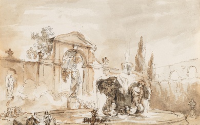 Hubert Robert (1733 - Paris - 1808) – Two washerwomen at a Triton fountain in a square with a statue
