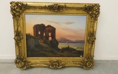 Huile sur toile, Paysage italien animé “Sujet Romantique d'une ruine à côté de la Mer”,...