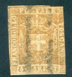 Italian Ancient States - Tuscany 1859 - Provisional Government 3 lire yellow ochre - Sassone N. 23