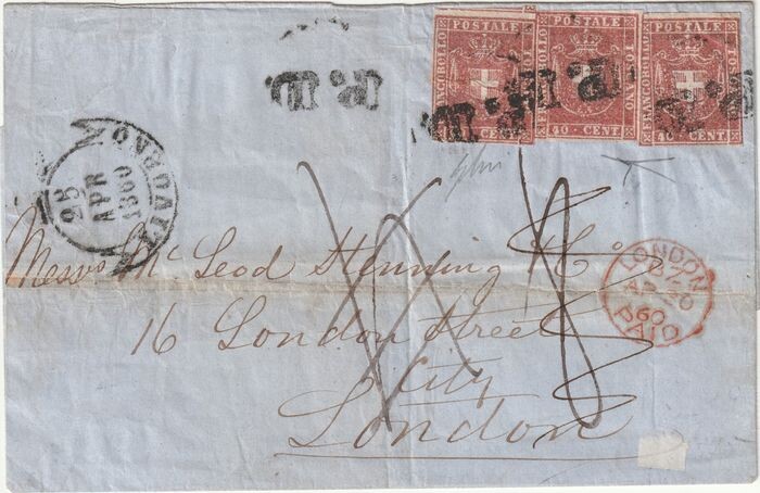Italian Ancient States - Tuscany 1860 - 40 c. carmine, 3 pieces on letter envelope from Livorno to London - Sassone N.21