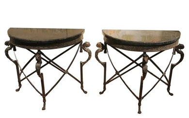 Italian Wrought Iron Half Moon Consoles with Griffins