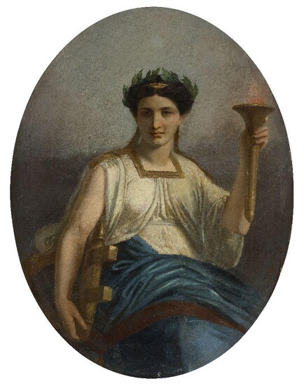 Jacques Louis Bonet, Belgian 1822-1894- Ceres, goddess of agriculture, wearing a laurel leaf, holding a scyth and a flaming torch; oil on canvas, oval, signed and dated 'J. L. Bonet. 76.' (lower right), 117.5 x 89 cm. Note: Also known as the Greek...