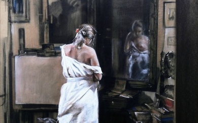 Jose Luis Fuentetaja (1951) - Interior con joven frente al espejo