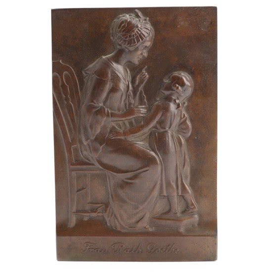Joseph kowarzik: “Frau Rath Goethe”. Signed Josph Kowarik 1908. A patinated bronze plaque. H. 18.5. W. 12 cm.