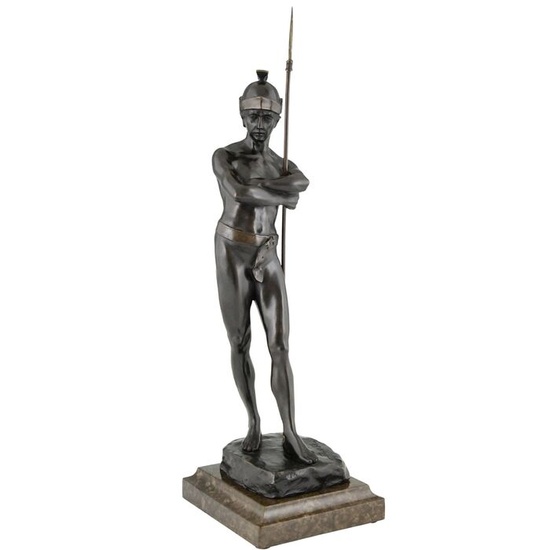 Julius Paul Schmidt-Felling (1835-1920) - Large sculpture naked Roman warrior with helmet and spear - 58 cm - Neoclassical Style - Bronze, Marble - about 1900