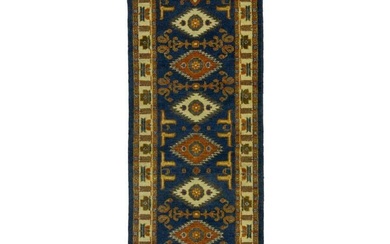 Kazak Oriental Runner Rug 3X8 Geometric Tribal Blue Hand-Knotted Hallway Carpet