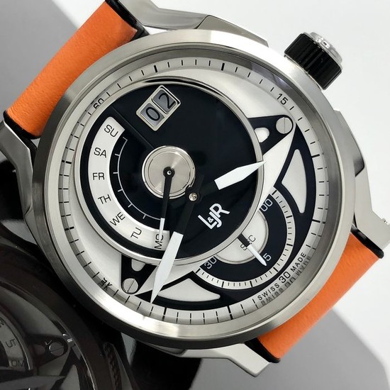 L&JR - Day and Date Black and White Dial with Orange Strap Swiss Made - S1303-S5 - Men - Brand New