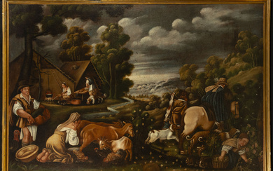 Large Bucolic Scene with Peasants, Follower of the Bassano, Northern Italian school, 17th century