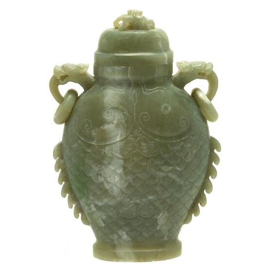 Large Chinese Carved Jade Fish Form Vase with Cover