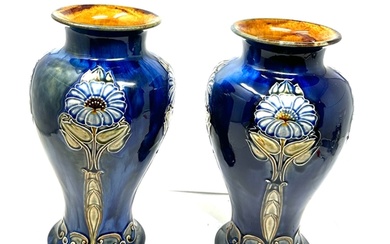 Large antique pair of royal doulton stone ware vases measu...