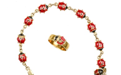 Lot mixte : bracelet, pendentif et bague Coccinelle Or jaune Émaillé Longueur du bracelet 15,5...