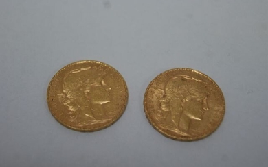Lot of 2 pieces 20 frs gold cockerel 1907 and 1909 . Weight 12,89 g.BE