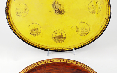 Lotto composto da due vassoi di forma ovale in tôle peinte di cui uno decorato in monocromo su fondo giallo…