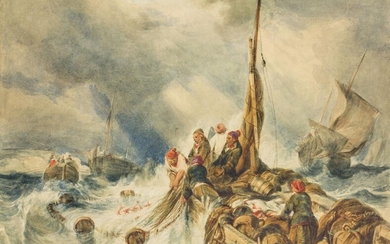 Louis-Gabriel-EugÃƒÂ¨ne Isabey, French 1803-1886- Fishermen hauling in their nets in heavy seas; pencil and watercolour heightened with gum arabic and scratching out on paper, 31.5 x 45.4 cm., (unframed). Provenance: Covent Garden Gallery (William...