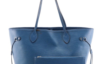 Louis Vuitton Neverfull MM Tote Bag in Blue Epi and Smooth Leather
