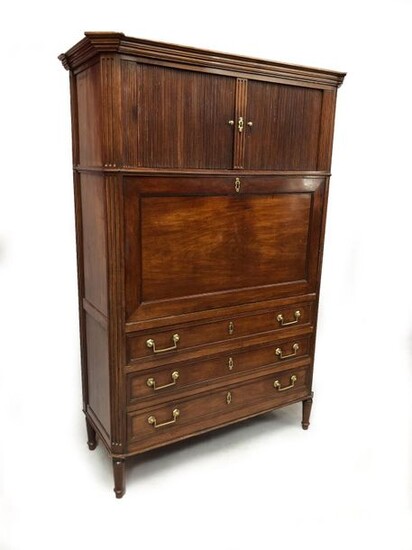 Mahogany and mahogany veneer secretary opening to a curtain, a flap and three drawers. It stands on four tapered legs.