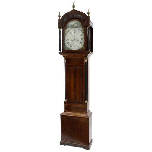Mahogany eight day longcase clock, the 13" painted arched di...