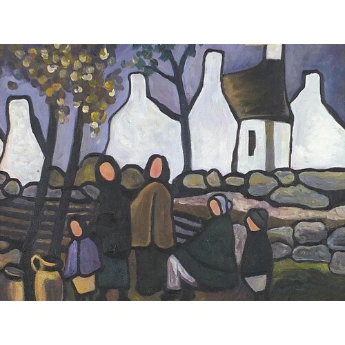 Manner of Markey Robinson - Figures before cottages, Irish s...