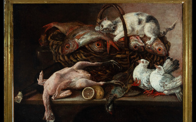 Mariano Nanni, Still Life of Fish with Cat, 18th century...
