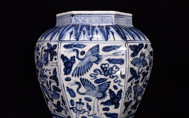 Ming Dynasty blue and white hexagonal jar with cloud and crane pattern