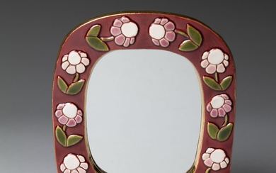 Mithé ESPELT (1923-2020). Miroir modèle "Mésange" en céramique émaillée dans les tons bordeaux, rose et...