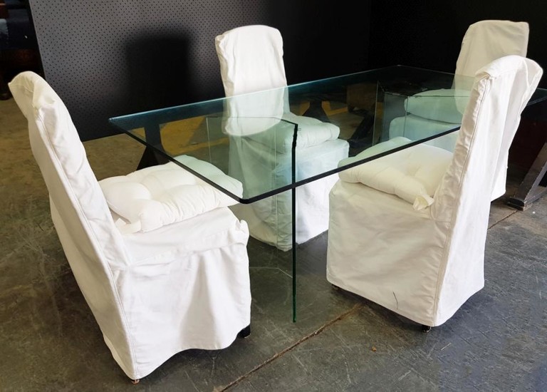 Modern Glass Dining Table on Twin Base Together with Callico Covered Dining Chairs (Table - H: 73, L: 180, W: 95cm)