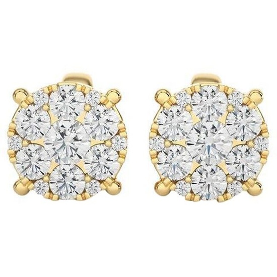 Moonlight Round Cluster Stud Earrings: 0.7 Carat Diamonds in 18k Yellow Gold