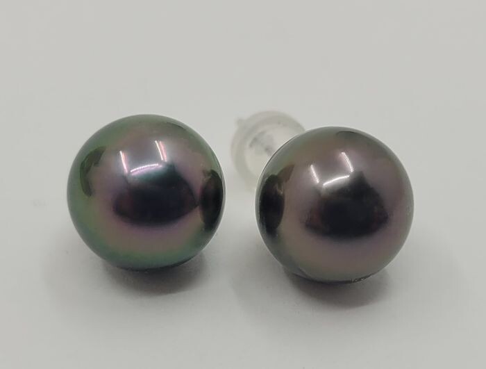 NO RESERVE -10x11mm Peacock Tahitian Pearls - 14 kt. White gold - Earrings