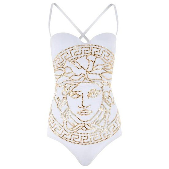 New Versace White One Piece Swimsuit with Gold Studded